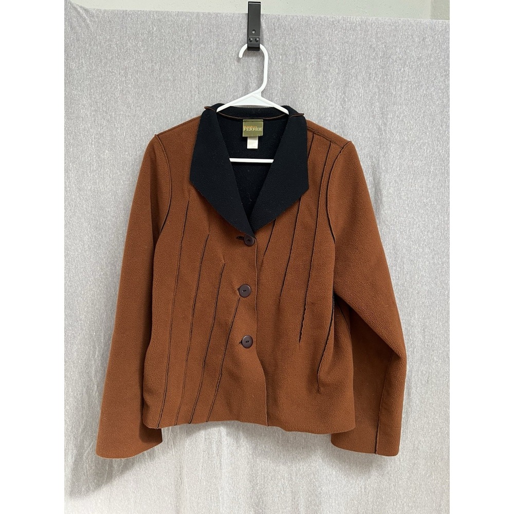 Maralyce Ferree Sz S Orange Black Fleece Button Front Art to Wear